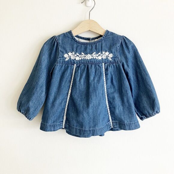 Janie and Jack Other - Janie and Jack Chambray Blouse Baby Girl 18-24M Floral Embroidered Long Sleeve